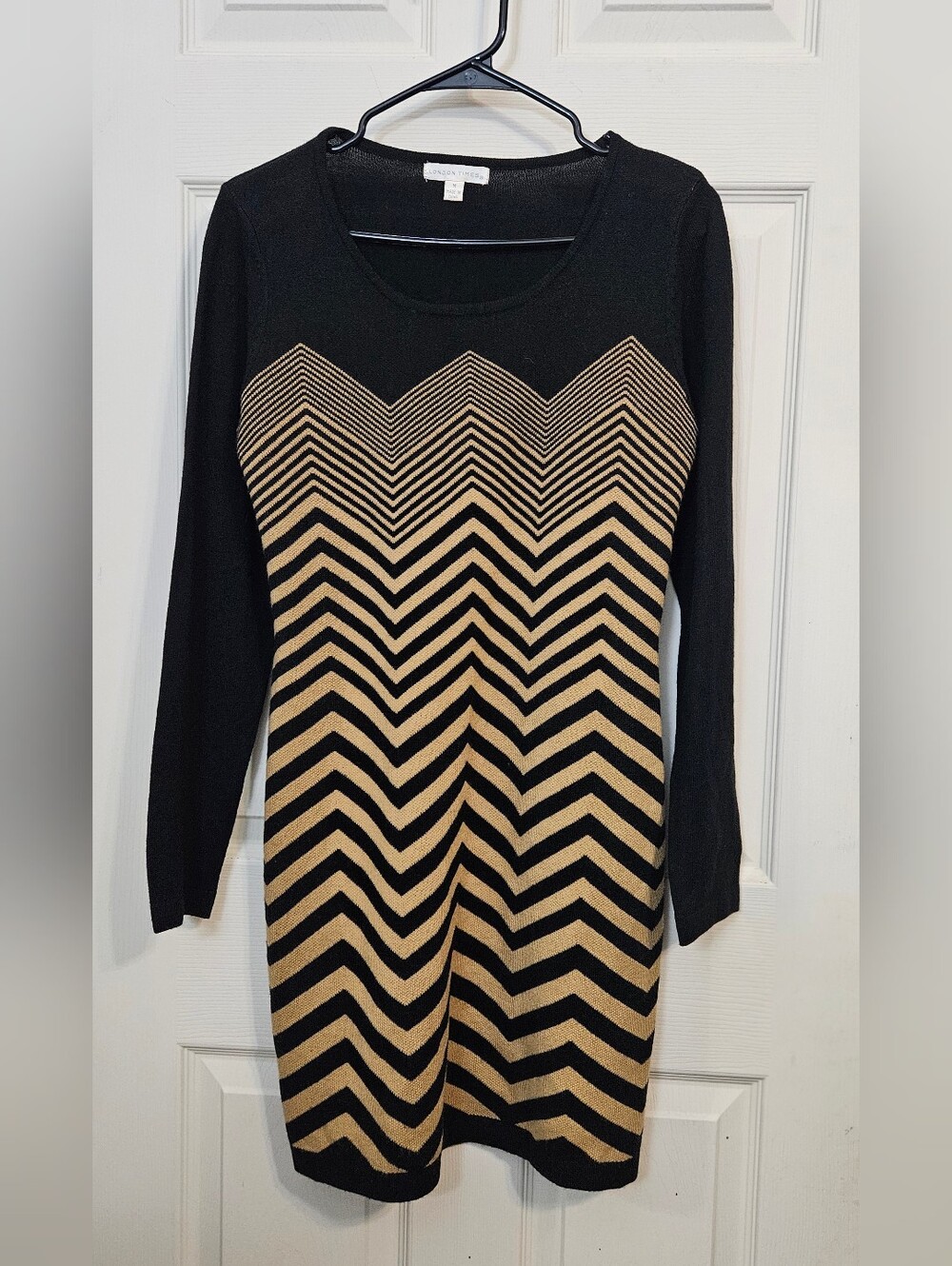 Karen Kane Black and Tan Chevron Scoop Neck Sweater Dress